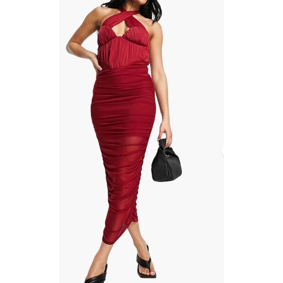 ASOS Design Burgundy Bodycon Halter mesh ruched midi dress Stretch. Size 12 NWOT - Picture 1 of 9